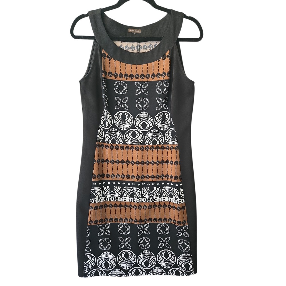 VOIR VOIR Womens M Black Tan Geometric Sheath Dress Sleeveless Mod Career